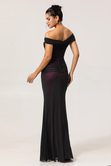Black Pink Off the Shoulder Sheath Long Bridesmaid Dress